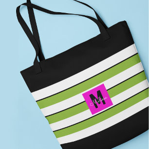 Modern Green Stripes Monogram Tote Bag