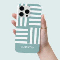Modern Green Stripes White Custom Name Simple Chic