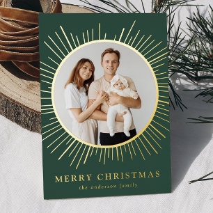 Modern Green Sunburst Merry Christmas 2 Photo Foil Holiday Card