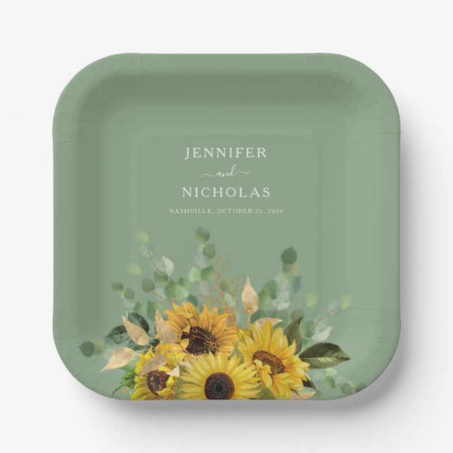 Modern Green Sunflower Wedding   Paper Plate (Front)