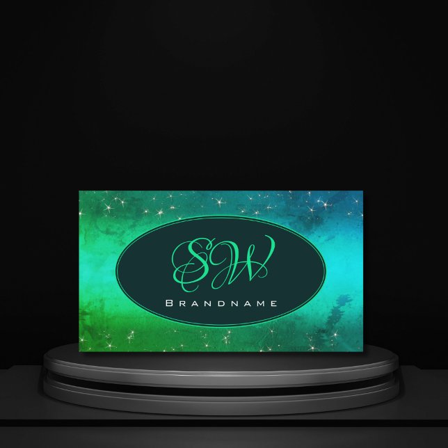 Modern Green Teal Sparkling Glitter Stars Monogram Business Card (Creator Uploaded)