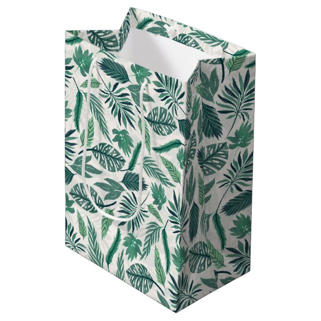 Modern Green Teal Tropical Leaves Design Medium Gift Bag (Front Angled)