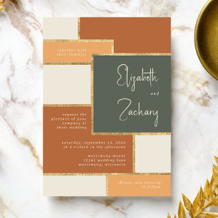 Modern Green Terracotta Peach Cream Gold Wedding Invitation