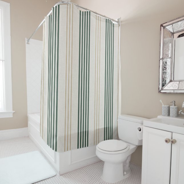 Modern Green Ticking Stripe Linen Texture Shower Curtain (In Situ)