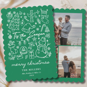 Modern Green Tis the Season Christmas Doodle Holiday Card