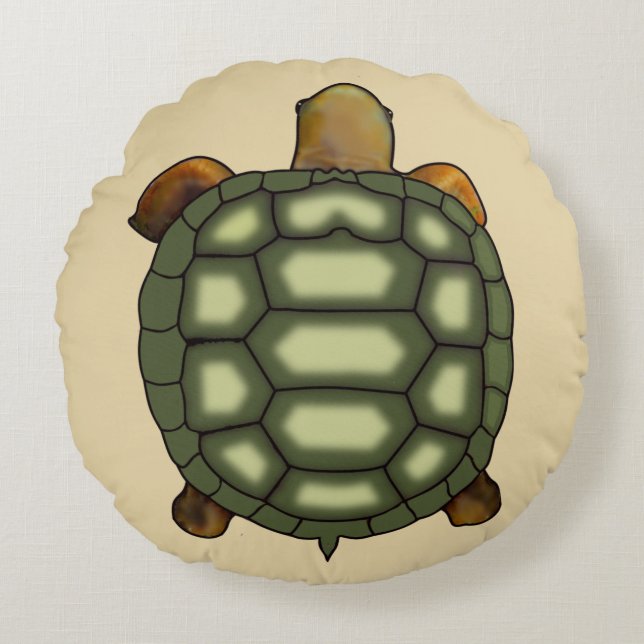 Modern Green Tortoise on Beige Round Cushion (Front)