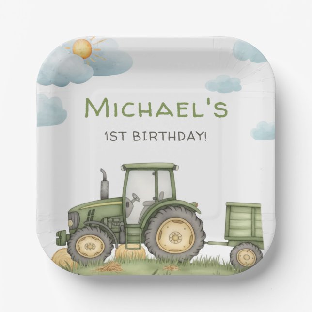 Modern Green Tractor 1st Birthday Party Paper Plate (Front)
