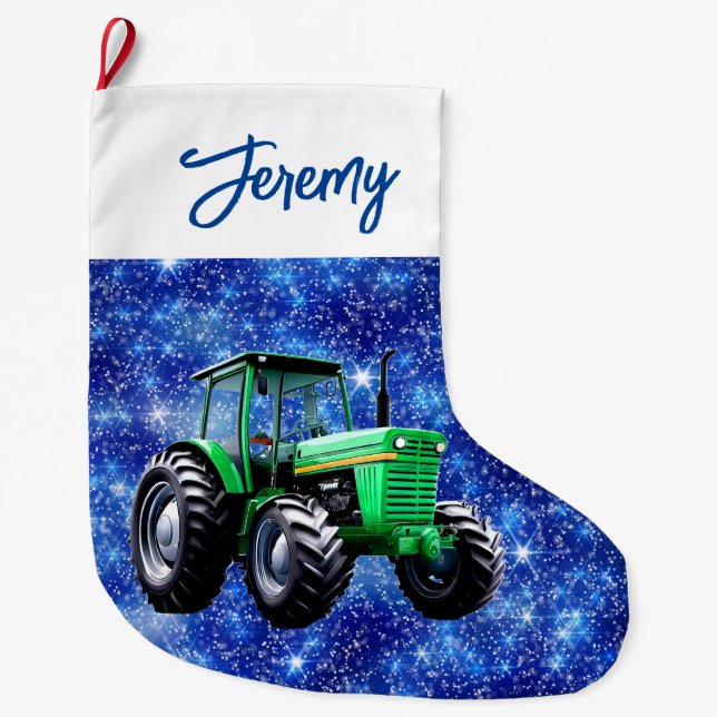 Modern Green Tractor Blue Large Christmas Stocking (Front)