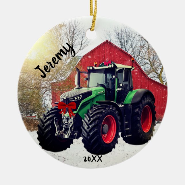  Modern Green Tractor "Christmas 20XX" Ceramic Ornament (Front)