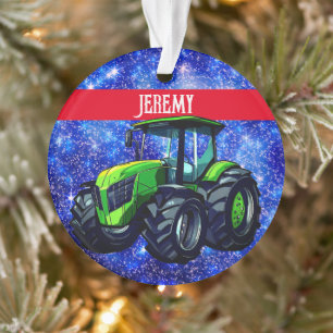 Modern Green Tractor on Blue Ornament
