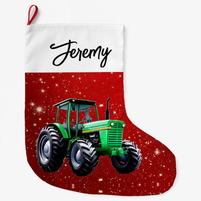 Modern Green Tractor Red Large Christmas Stocking (Front)