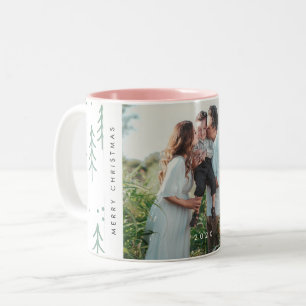 Modern Green Tree Family Photo Holiday Two-Tone Coffee Mug