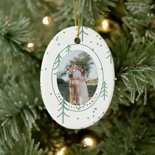 Modern Green Tree Family Photo Oval Holiday Ceramic Ornament (Tree)