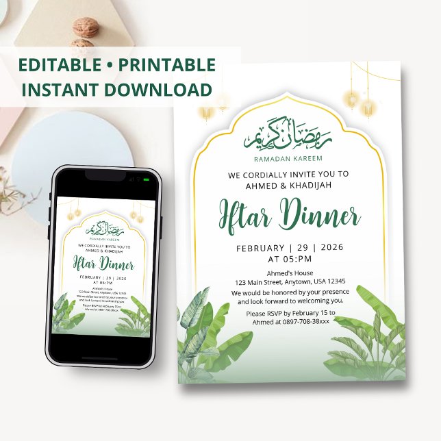 Modern Green Tropical Leaf Ramadan Iftar Dinner Invitation (Creator Uploaded)