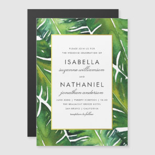 Modern Green Tropical Leaves Wedding Magnetic Invitation