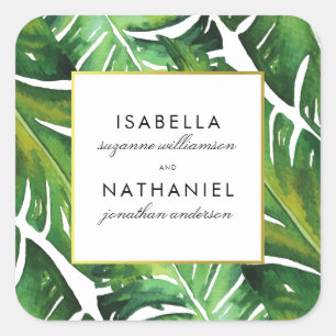 Modern Green Tropical Leaves Wedding Square Sticker