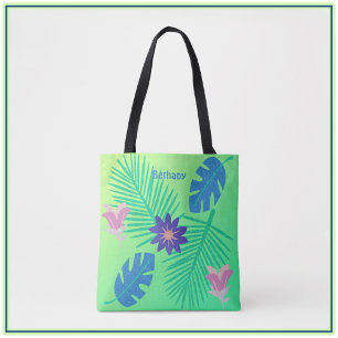 Modern Green Tropical Palm and Flowers Tote Bag