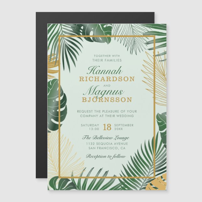 Modern Green Tropical Palm Leaves Trendy Wedding Magnetic Invitation (Front/Back)