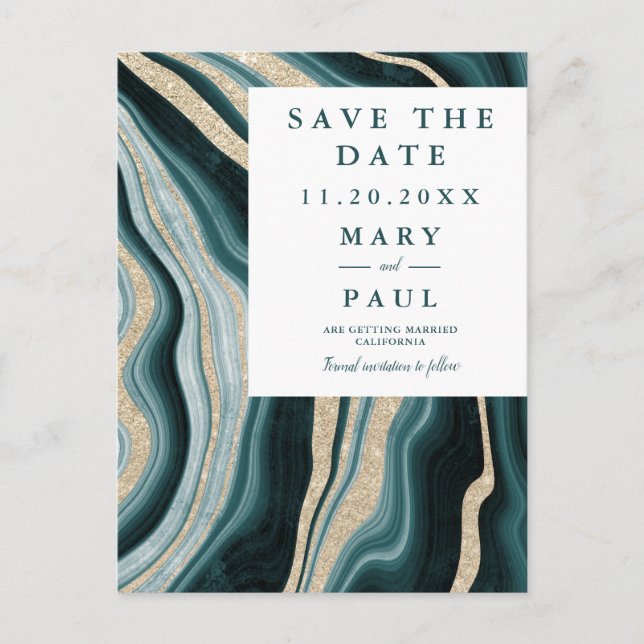 Modern green turquoise agate marble save the date announcement postcard (Front)