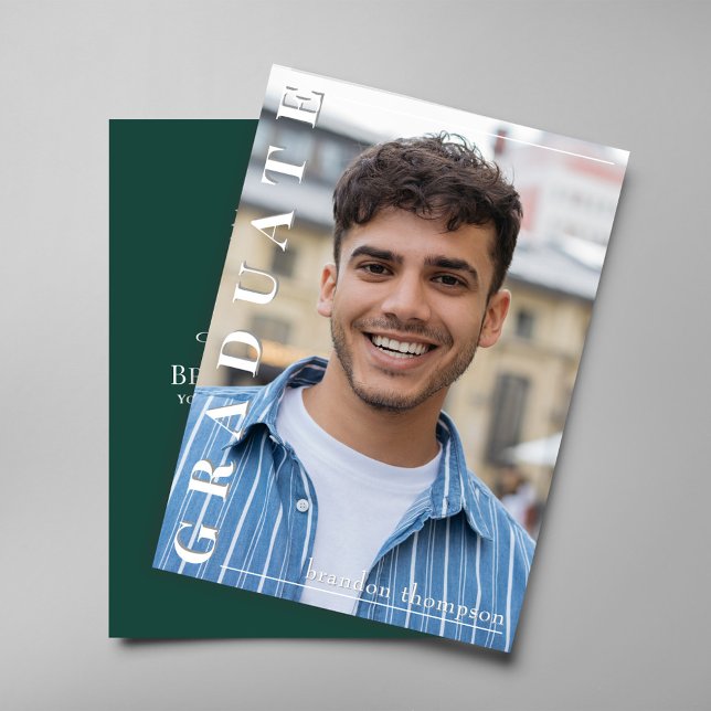 Modern Green Vertical Name Graduation Photo Card (Modern green graduation photo card with vertical graduate text and party details on back.)