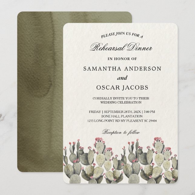 Modern Green Watercolor Cactus  Invitation (Front/Back)