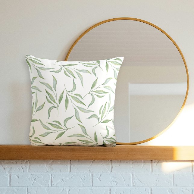 Modern Green Watercolor Leaves Botanical Pattern Cushion (Creator Uploaded)
