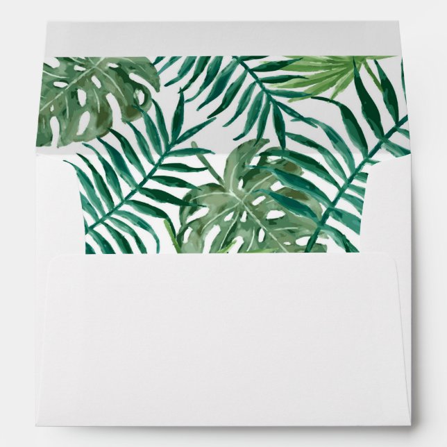 Modern green watercolor tropical leaves wedding envelope (Back (Bottom))