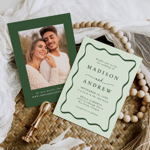 Modern Green Wavy Frame Photo Wedding Invitation