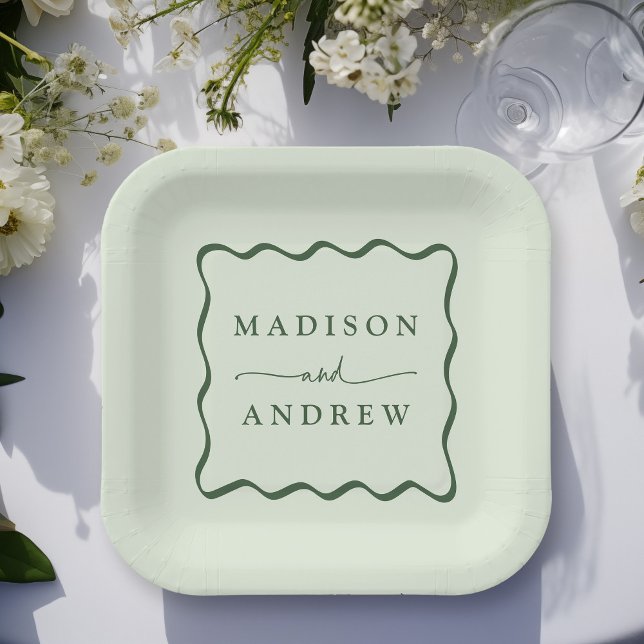 Modern Green Wavy Frame Wedding Paper Plate (Creator Uploaded)