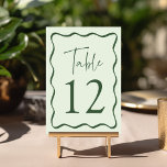 Modern Green Wavy Frame Wedding Table Number<br><div class="desc">Add a stylish touch to your wedding celebration with these Modern Wavy Frame wedding table cards! The retro design displays "Table" in a handwritten green script with the table number shown below. A green wavy border surrounds the table number contrasting with a light green background. The design repeats on the...</div>