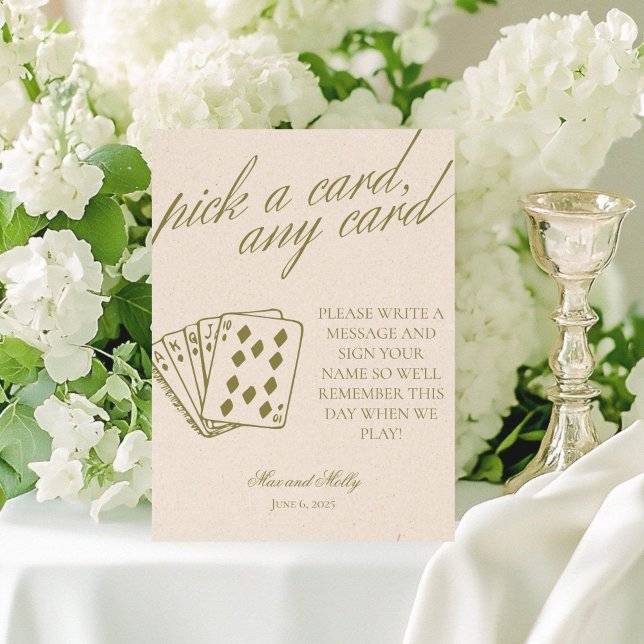 Modern Green Wedding Playing Cards Pedestal Sign (Add a fun touch to your wedding or event with this modern serif playing cards guest book sign!)