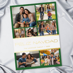 Modern Green White 7 Photo Collage Feliz Navidad Foil Holiday Card