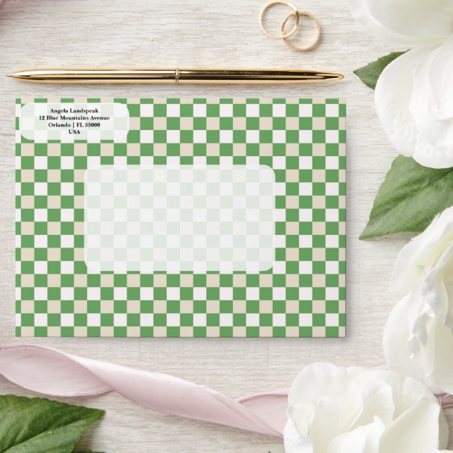 Modern Green, White, Beige Chequered   Envelope (Wedding)