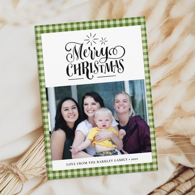 Modern Green White Buffalo Plaid Fun Script Simple Holiday Card (Creator Uploaded)