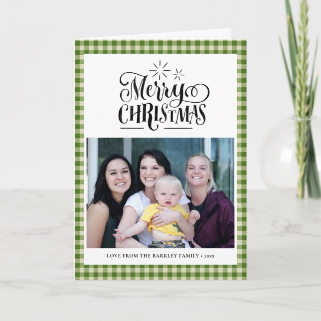 Modern Green White Buffalo Plaid Fun Script Simple Holiday Card (Front)