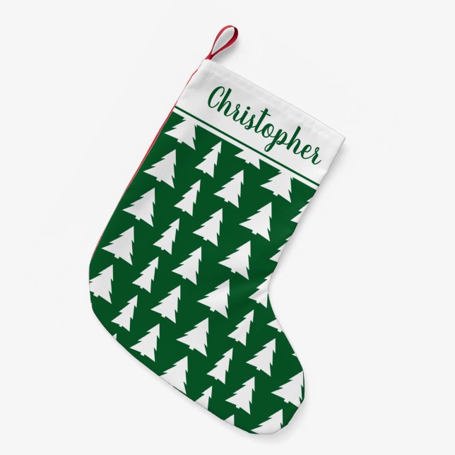 Modern Green White Christmas Tree Pattern Name Small Christmas Stocking (Front (Hanging))