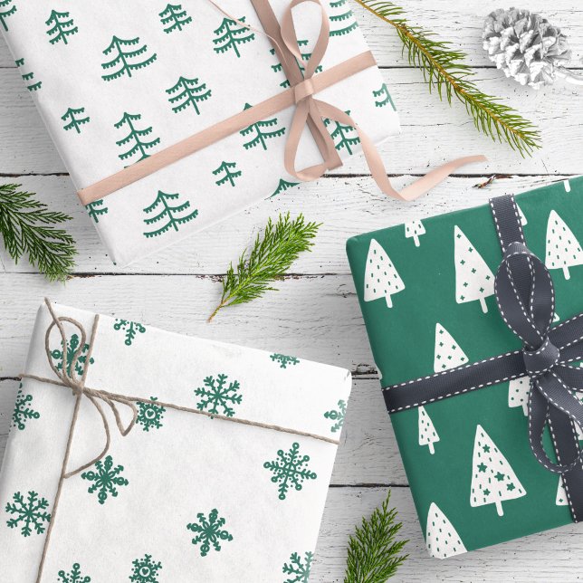 Modern Green & White Christmas Trees Snowflakes Wrapping Paper Sheet (Creator Uploaded)