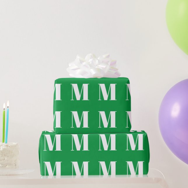Modern green white custom initial letter monogram wrapping paper (Party Gifts)