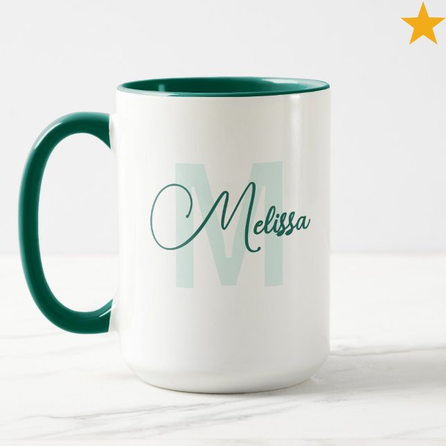 Modern Green White Custom Name Cursive Monogram Mug (Creator Uploaded)
