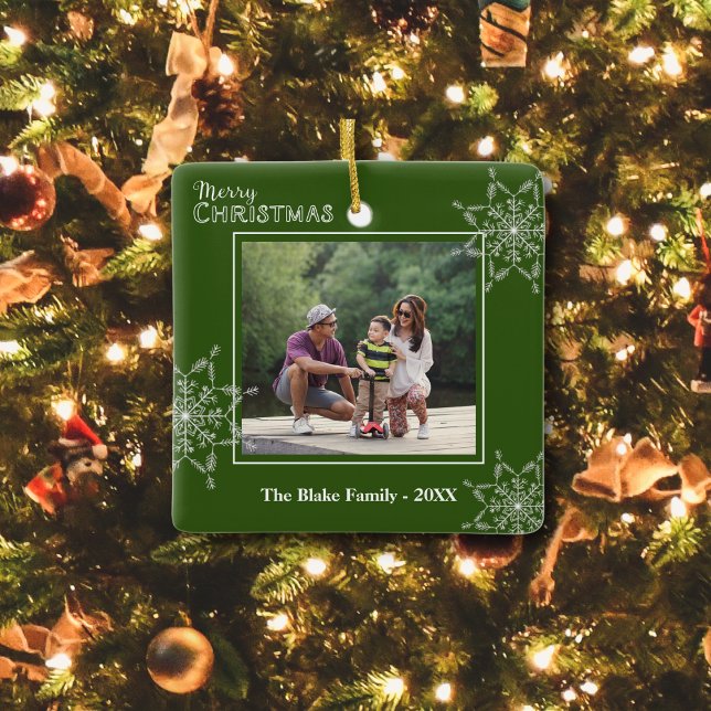 Modern Green White Frame Family Photo Christmas Ceramic Ornament (Creator Uploaded)