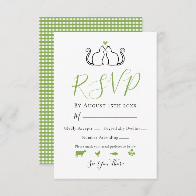 Modern Green White Gingham Cats In Love Wedding RSVP Card (Front/Back)