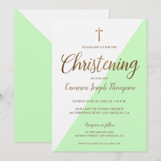 Modern Green White Gold Christening baby Boy Invitation (Front/Back)
