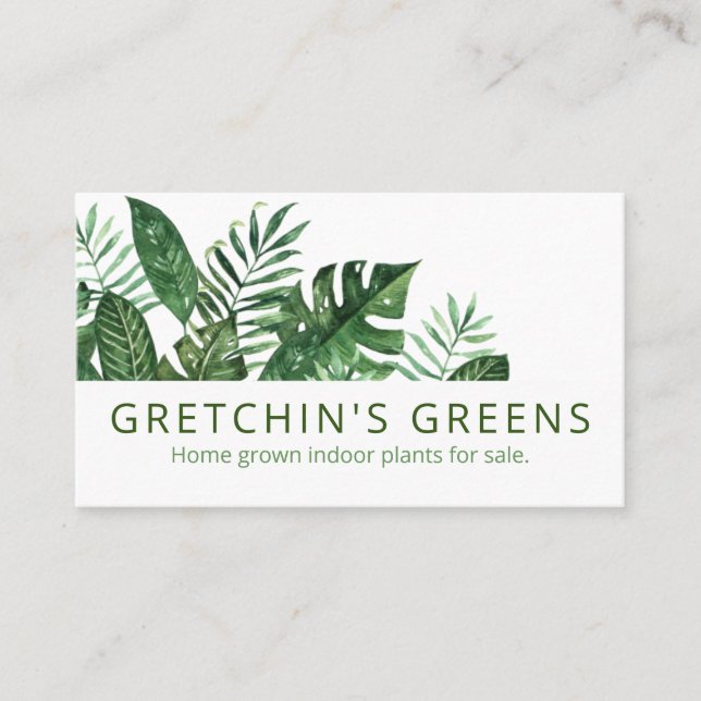 Modern Green White Leaves Homegrown Indoor Plants Business Card (Front)