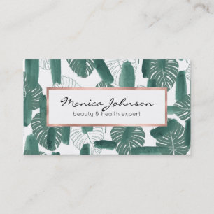 Modern Green White Monstera Leaves Brushstrokes Business Card
