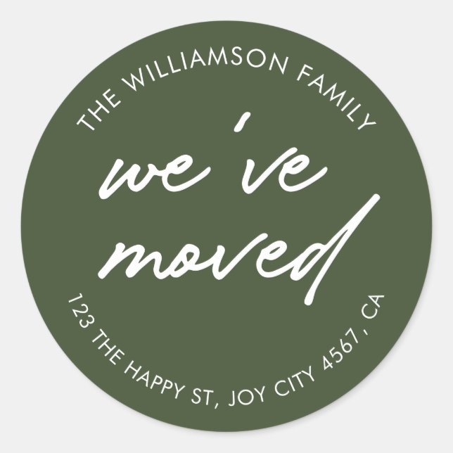 Modern Green White Script We've Moved Address  Classic Round Sticker (Front)
