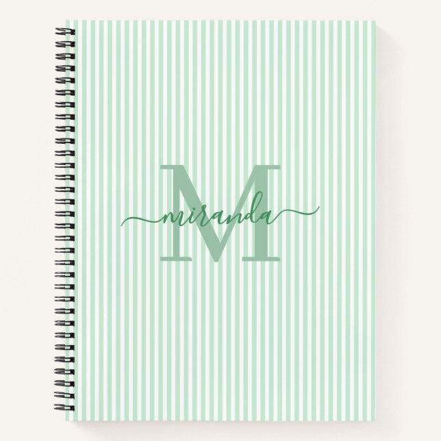 Modern Green & White Stripes Monogram Name Notebook (Front)