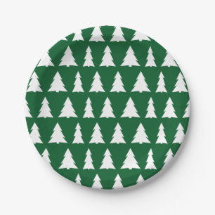 Modern Green White Tree Pattern Holiday Party Paper Plate