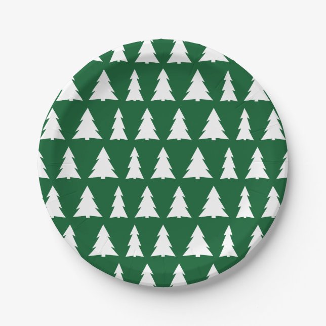 Modern Green White Tree Pattern Holiday Party Paper Plate (Front)