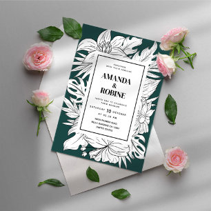 Modern Green & White Tropical Floral Wedding Invitation