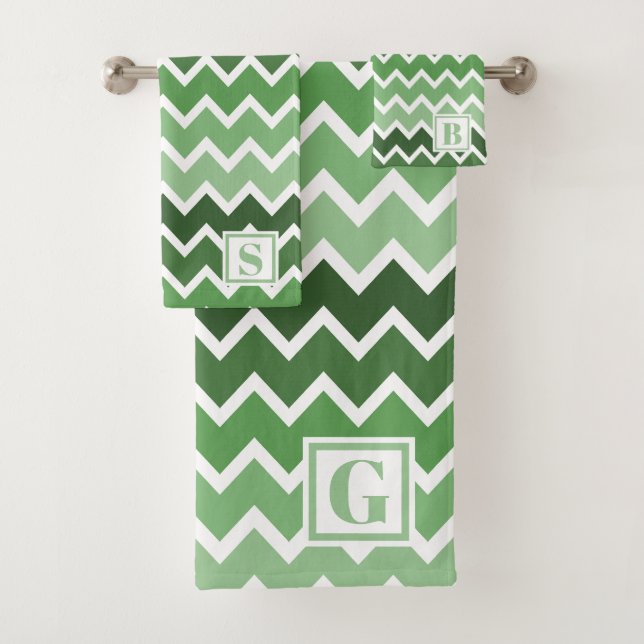 Modern Green White Zigzag Lines Monogram Bath Towel Set (Insitu)